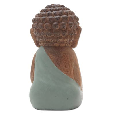 Wood statuette, 'Buddha in Green Prays' - Hand Carved Small Buddha Statuette