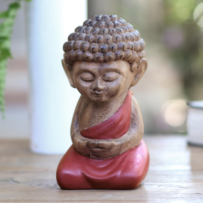Wood statuette, 'Buddha in Red Prays' - Small Buddha Statuette Hand Carved from Wood