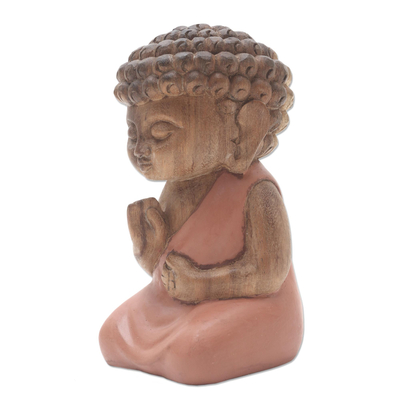 Wood statuette, 'Buddha in Peach Prays'