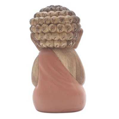 Wood statuette, 'Buddha in Peach Prays'