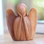 Wood sculpture, 'Watching Angel' - Angel Statuette Hand Carved from Wood
