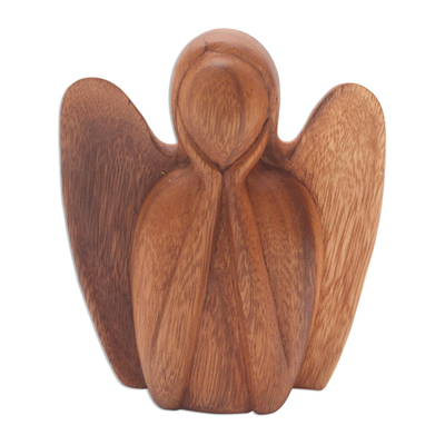 Wood sculpture, 'Watching Angel' - Angel Statuette Hand Carved from Wood