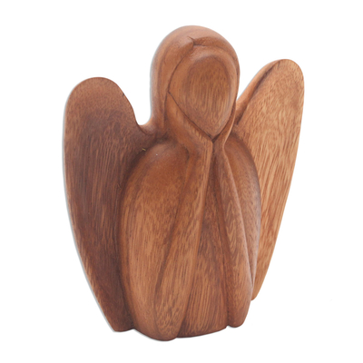 Wood sculpture, 'Watching Angel' - Angel Statuette Hand Carved from Wood