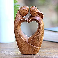 Escultura de madera, 'Pareja amorosa' - Escultura de pareja amorosa tallada a mano única