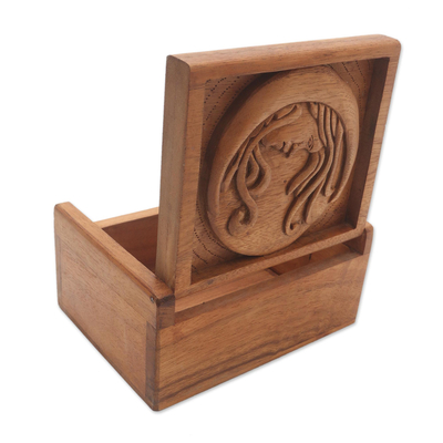 Wood decorative box, 'Moon Lady' - Handmade Suar Wood Jewellery Box with Crescent Moon