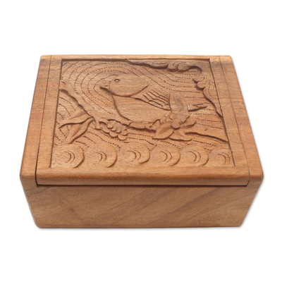 Decorative wood box, 'Perching Bird' - Hand Carved Decorative Wood Box with Bird Relief