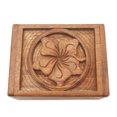 Decorative wood box, 'Jepun Flower' - Hand Carved Wood Box with Jepun Flower Relief