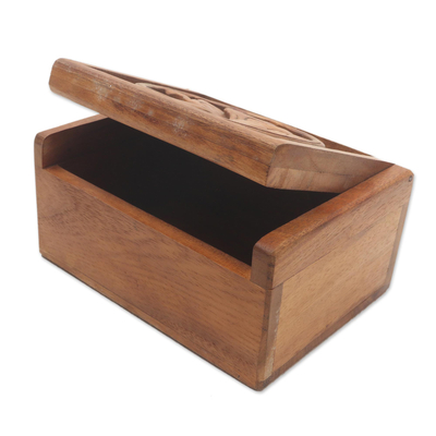 Decorative wood box, 'Jepun Flower' - Hand Carved Wood Box with Jepun Flower Relief