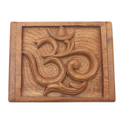 Decorative wood box, 'Ong-Kara' - Hand Carved Decorative Wood Box with Jepun Flower Relief