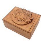 Decorative wood box, 'Lion Prince' - Hand Carved Wood Box with Lion Head Relief