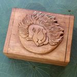 Decorative wood box, 'Lion Prince' - Hand Carved Wood Box with Lion Head Relief