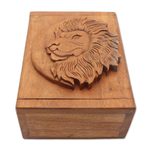 Decorative wood box, 'Lion Prince' - Hand Carved Wood Box with Lion Head Relief