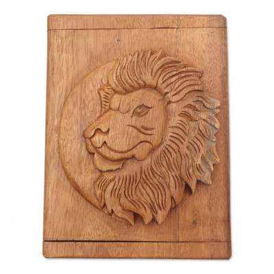 Decorative wood box, 'Lion Prince' - Hand Carved Wood Box with Lion Head Relief