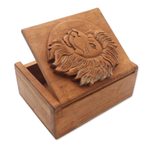 Decorative wood box, 'Lion Prince' - Hand Carved Wood Box with Lion Head Relief
