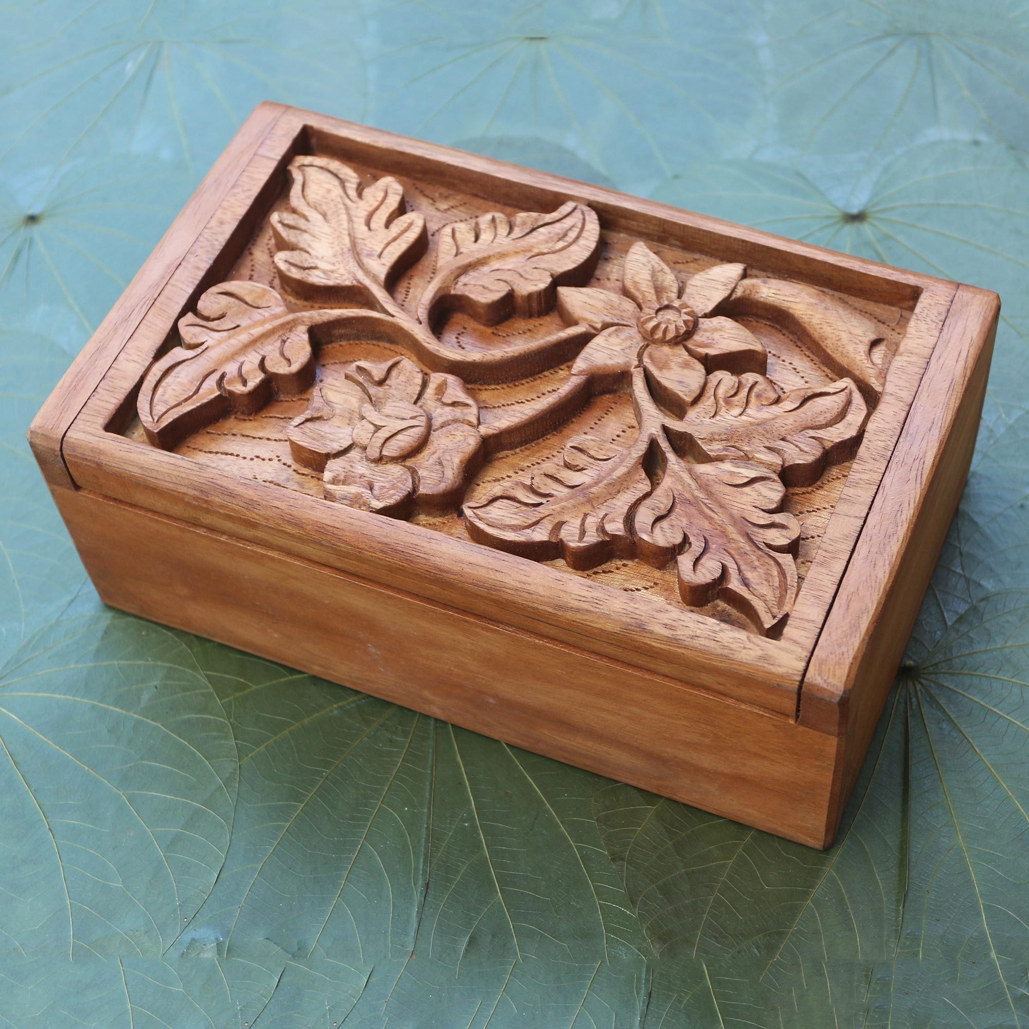 New Age Imports Floral Carved Wooden Jewelry Box – 4x6, Handmade In India, Brown