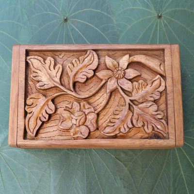 Decorative wood box, 'Growing Flower' - Wood Jewellery Box Handmade Flower and Leaf Motif