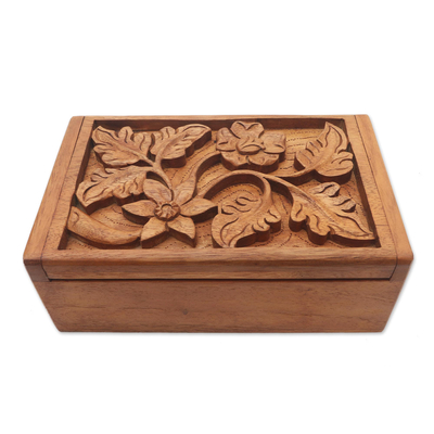 Dekorative Holzkiste - Holz-Schmuckkästchen, handgefertigtes Blumen- und Blattmotiv