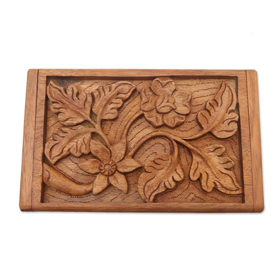 Decorative wood box, 'Growing Flower' - Wood Jewellery Box Handmade Flower and Leaf Motif