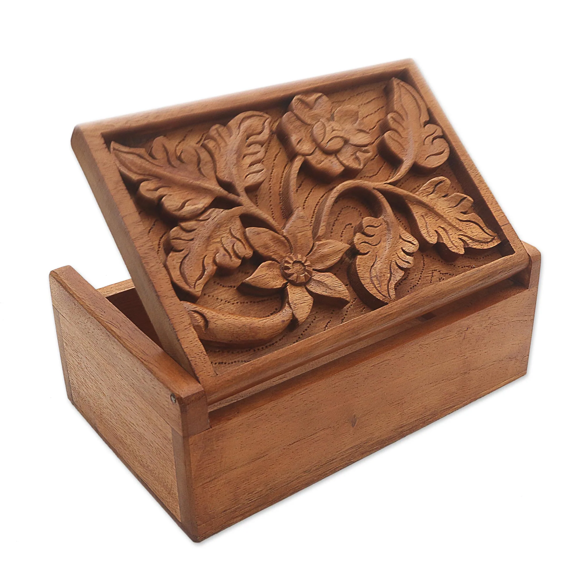 Wood Jewelry Box Handmade Flower and Leaf Motif Growing Flower NOVICA