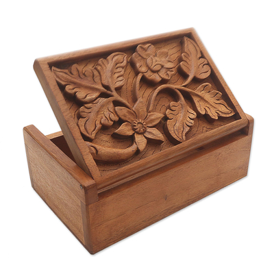 Decorative wood box, 'Growing Flower' - Wood Jewelry Box Handmade Flower and Leaf Motif