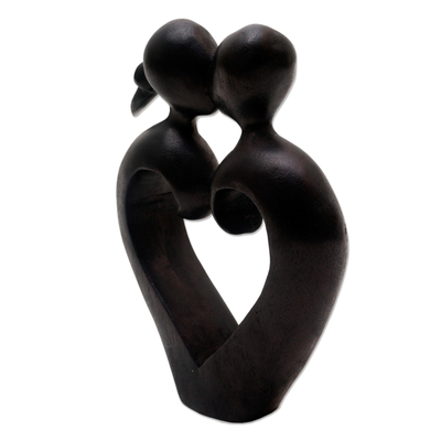 Wood sculpture, 'Engaged in a Kiss' - Romantic Wood Sculpture of Couple Kissing