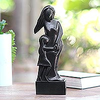 Wood sculpture, 'Mother and Daughter in Black'
