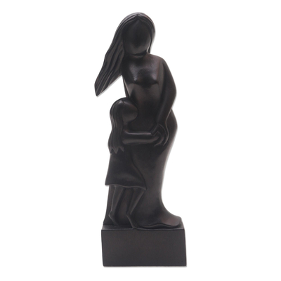 Wood sculpture, 'Mother and Daughter in Black' - Hand Carved Black Wood Sculpture of Mother and Daughter