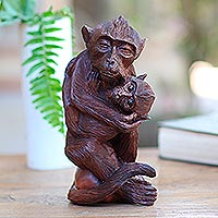 Wood sculpture, 'Caring Father' - Hand Carved Sculpture of Monkey Father with Infant