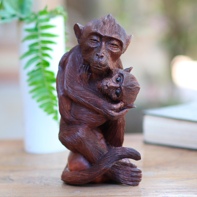 Wood sculpture, 'Caring Father' - Hand Carved Sculpture of Monkey Father with Infant