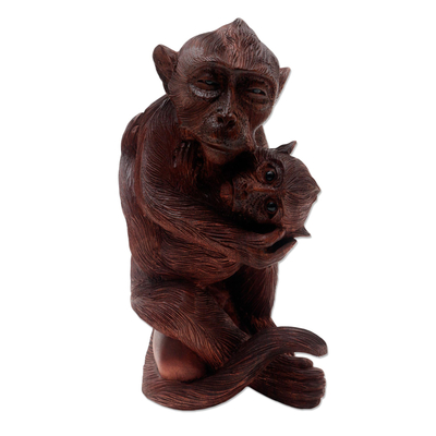 Hand Carved Sculpture of Monkey Father with Infant