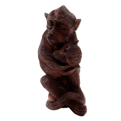 Escultura de madera - Escultura tallada a mano de padre mono con bebé