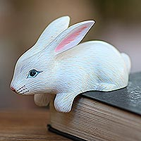 Wood statuette, 'Curious Rabbit in White' - Hand Carved White Bunny Sculpture from Bali
