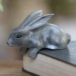 Wood statuette, 'Curious Rabbit in Grey' - Hand Carved Wood Bunny Statuette in Grey
