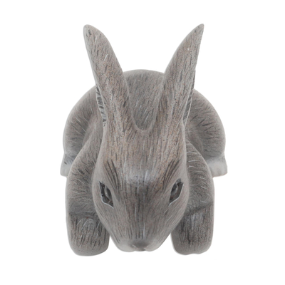 Wood statuette, 'Curious Rabbit in Grey' - Hand Carved Wood Bunny Statuette in Grey