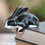 Wood statuette, 'Curious in Black and White' - Black and White Curious Bunny Statuette