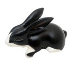 Wood statuette, 'Curious in Black and White' - Black and White Curious Bunny Statuette