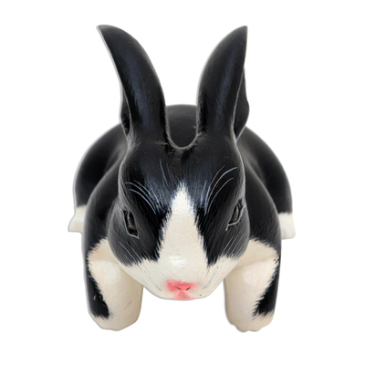Wood statuette, 'Curious in Black and White' - Black and White Curious Bunny Statuette