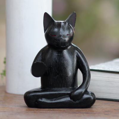 Wood statuette, 'Black Cat Meditates' - Wood Statuette of Black Cat Meditating
