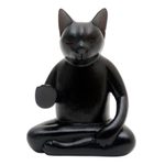 Wood statuette, 'Black Cat Meditates' - Wood Statuette of Black Cat Meditating
