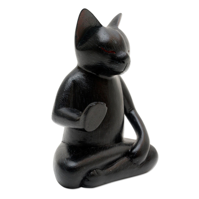 Wood statuette, 'Black Cat Meditates' - Wood Statuette of Black Cat Meditating