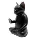 Wood statuette, 'Black Cat Meditates' - Wood Statuette of Black Cat Meditating