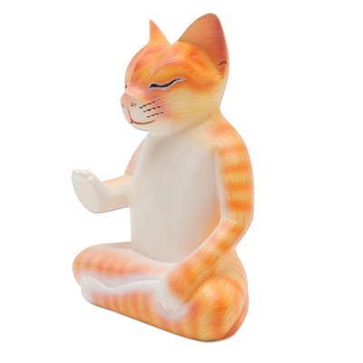 Wood statuette, 'Yellow Cat Meditates' - Hand Carved Wood Sculpture of Meditating Cat