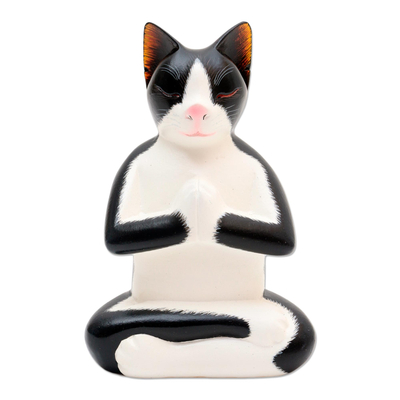 Wood statuette, 'Tuxedo Cat Meditates' - Hand Carved Wood Kitty Cat Meditation Sculpture