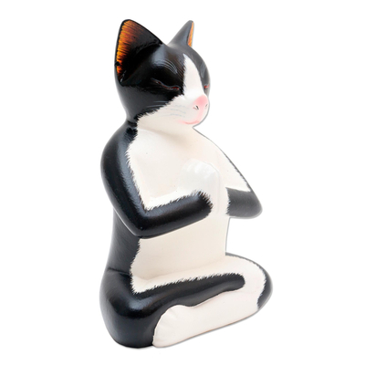 Wood statuette, 'Tuxedo Cat Meditates' - Hand Carved Wood Kitty Cat Meditation Sculpture