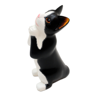Wood statuette, 'Tuxedo Cat Makes a Wish' - Wishing Cat Hand Carved Wood Sculpture