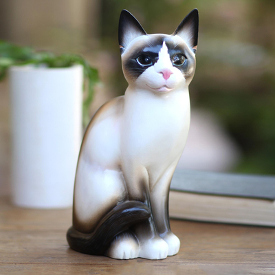 Wood statuette, 'Elegant Cat' - Realistic Hand Painted Wood Cat Statuette