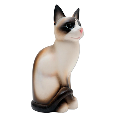 Wood statuette, 'Elegant Cat' - Realistic Hand Painted Wood Cat Statuette