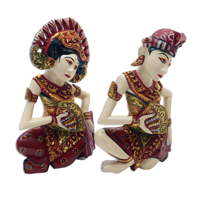 Wood sculptures, 'Kecak Janger Dancers' (pair) - Hand Crafted Balinese Dancer Sculptures (Pair)