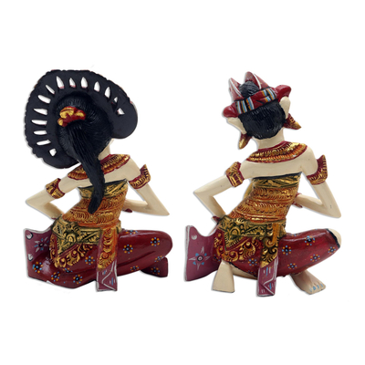 Wood sculptures, 'Kecak Janger Dancers' (pair) - Hand Crafted Balinese Dancer Sculptures (Pair)