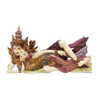 Wood sculpture, 'Reclining Rama and Sita' - Handcrafted Wood Sculpture of Rama and Sita
